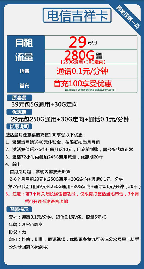 电信吉祥卡29元包250G通用+30G定向