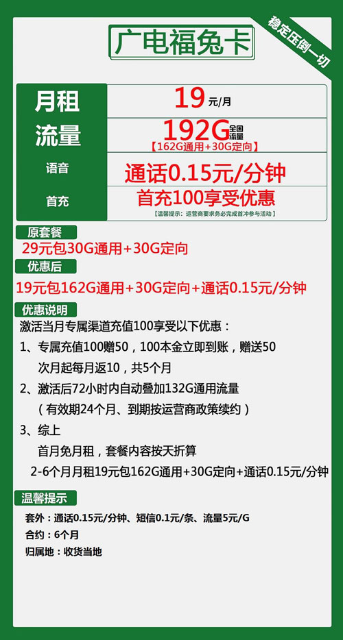 新广电福兔卡19元月租包162G通用+30G定向+可选号本地卡