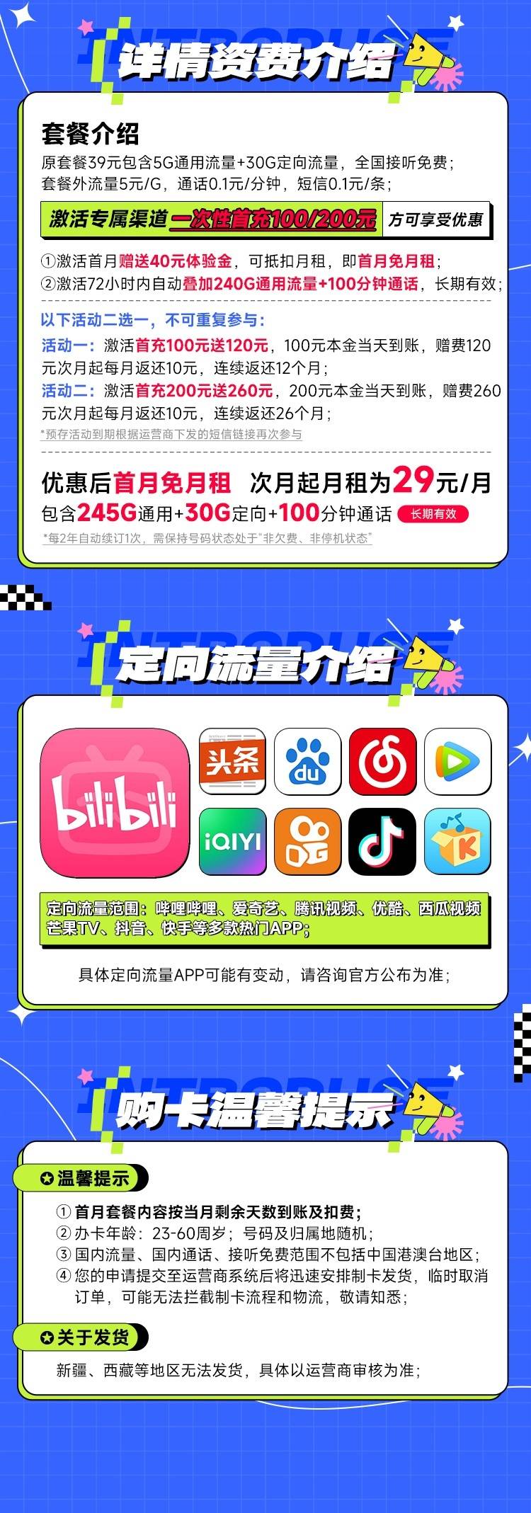 电信甘霖卡29元月租包245G通用+30G定向+100分钟通话