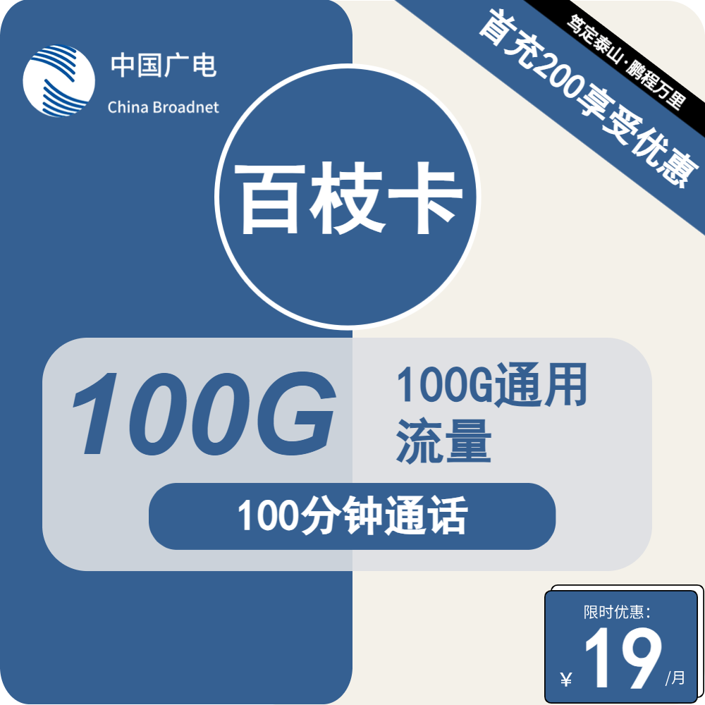 广电百枝卡19元月租包100G通用+100分钟通话