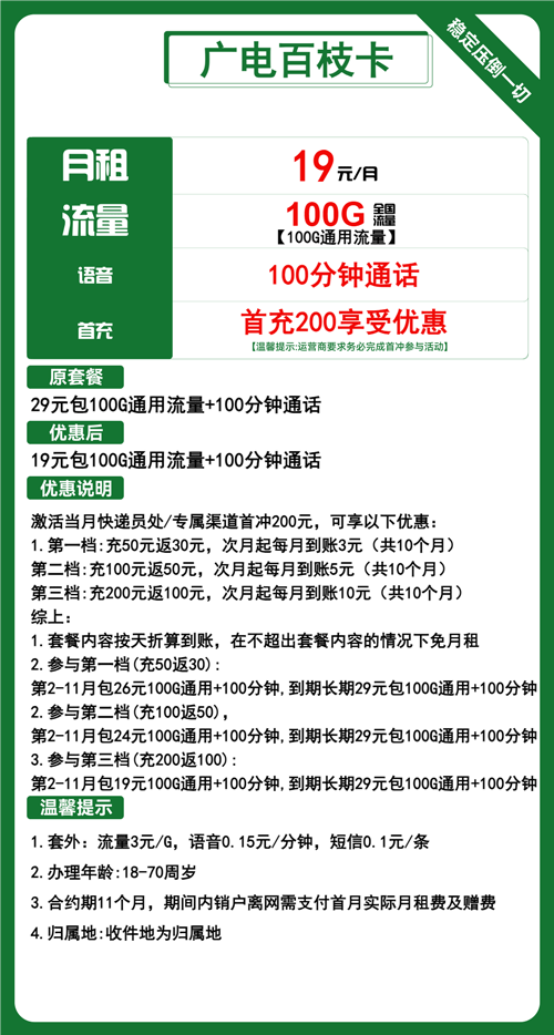 广电百枝卡19元月租包100G通用+100分钟通话