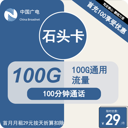 广电石头卡29元月租包100G通用+100分钟通话