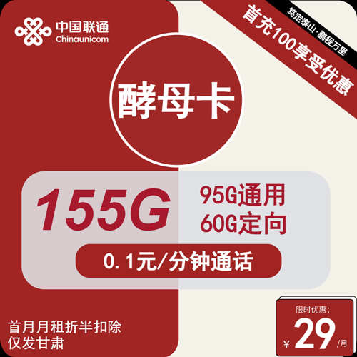 联通酵母卡29元月租包95G通用+60G定向