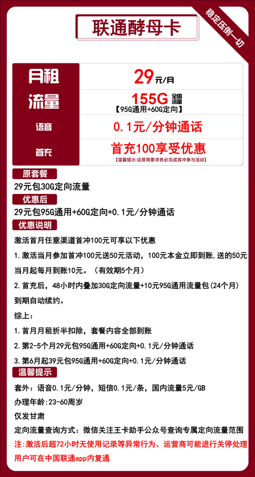 联通酵母卡29元月租包95G通用+60G定向