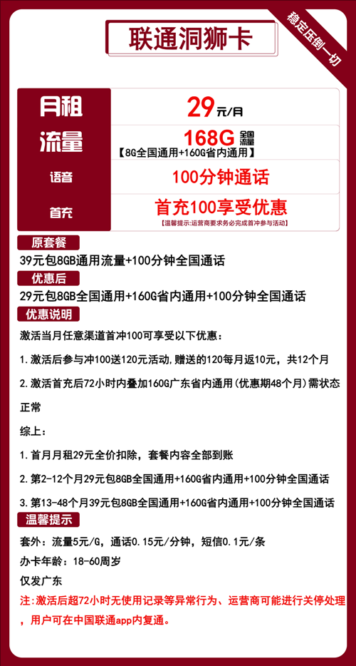 联通洞狮卡29元月租包168G通用+100分钟通话