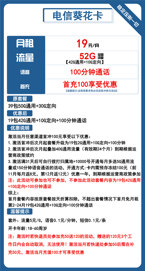 电信葵花卡19元月租包42G通用+10G定向+100分钟通话