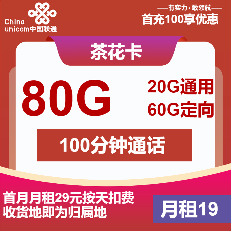 联通茶花卡19元月租包20G通用+60G定向+100分钟通话