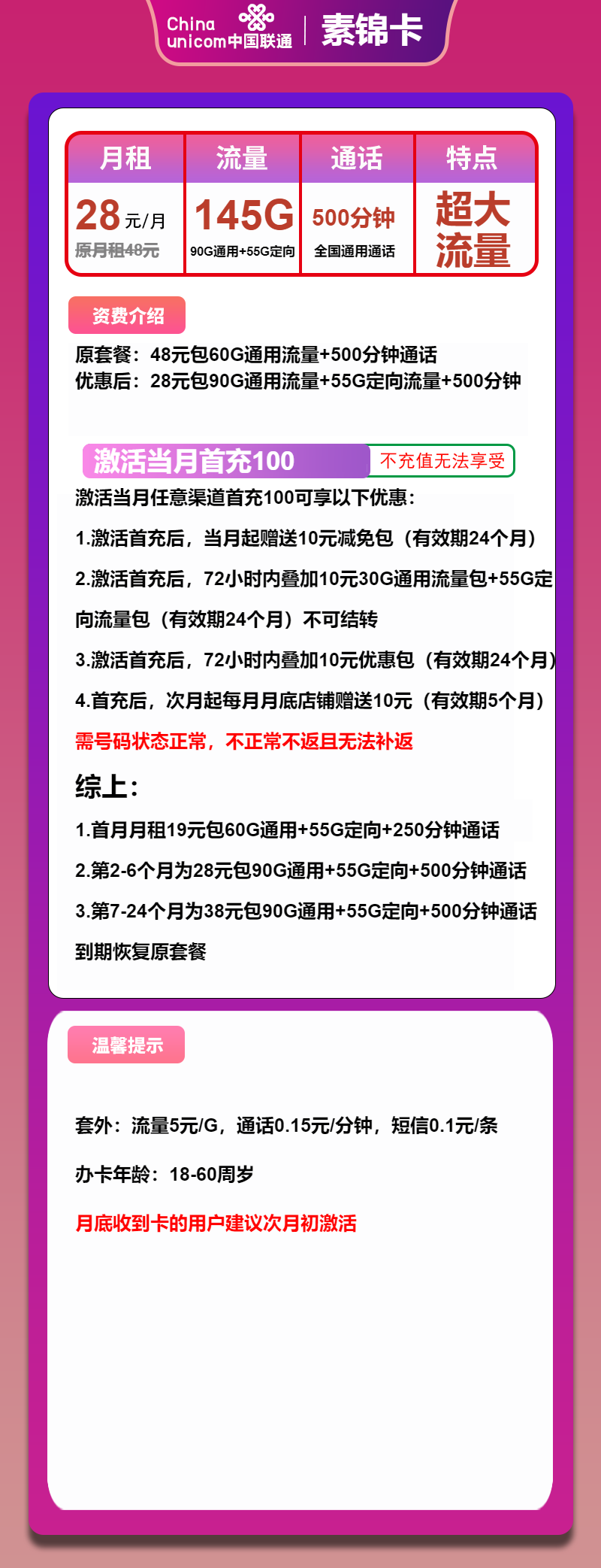 联通素锦卡28元月租包90G通用+55G定向+500分钟通话