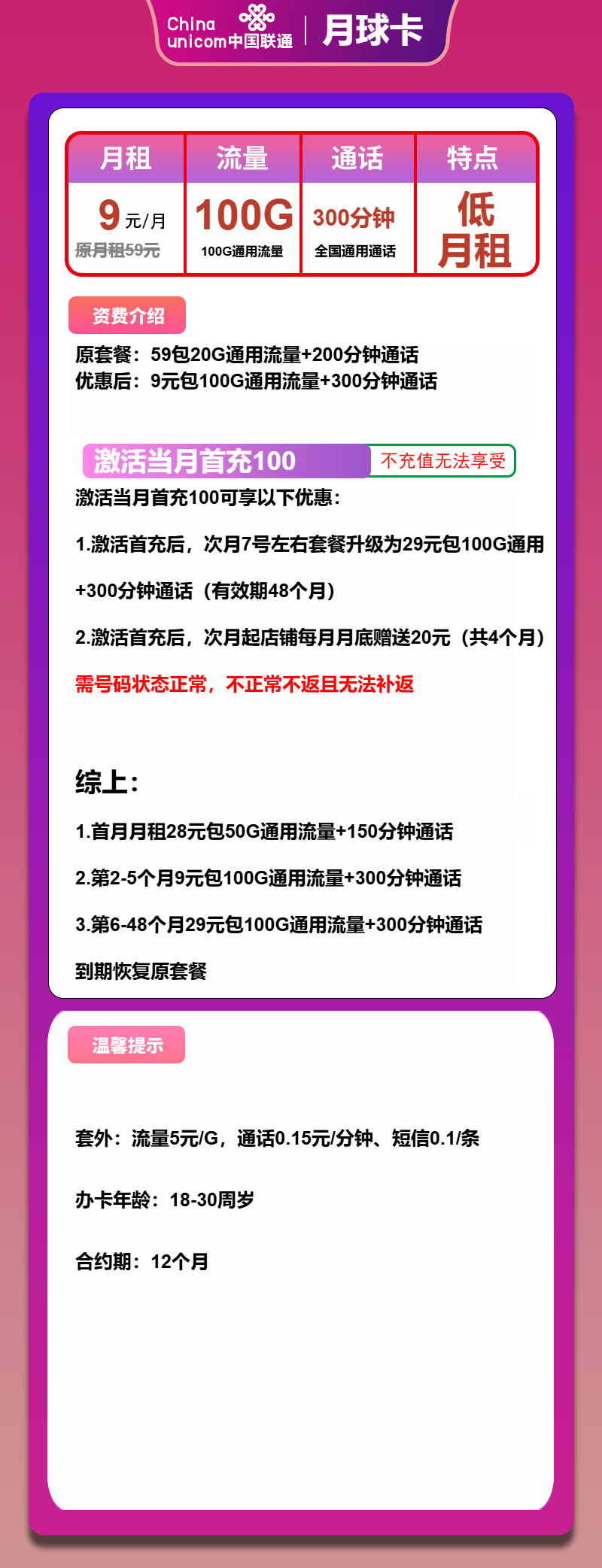 联通月球卡9元月租包100G通用+300分钟通话