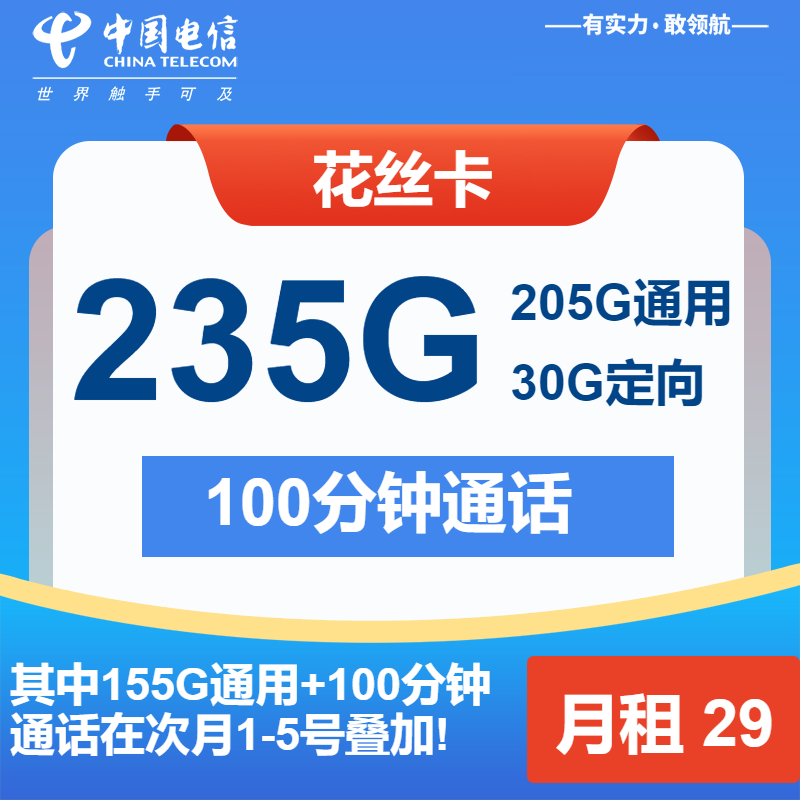 电信花丝卡29元月租包205G通用+30G定向+100分钟通话