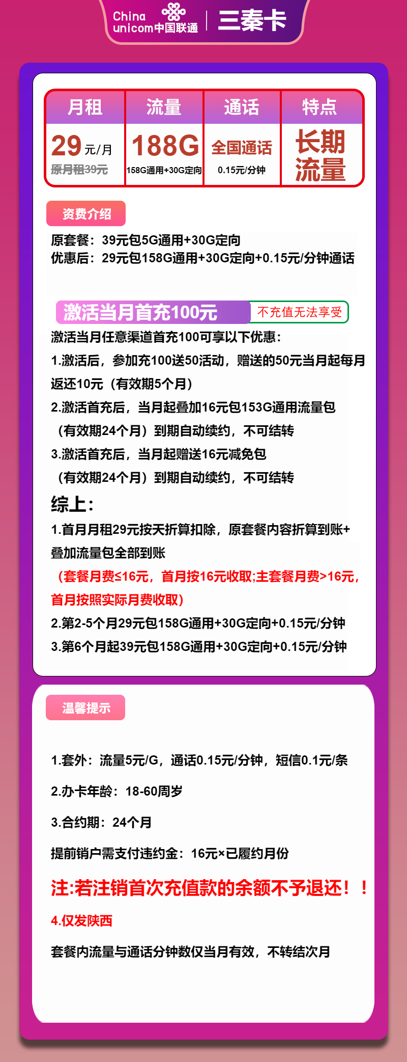 联通三秦卡29元月租包158G通用+30G定向