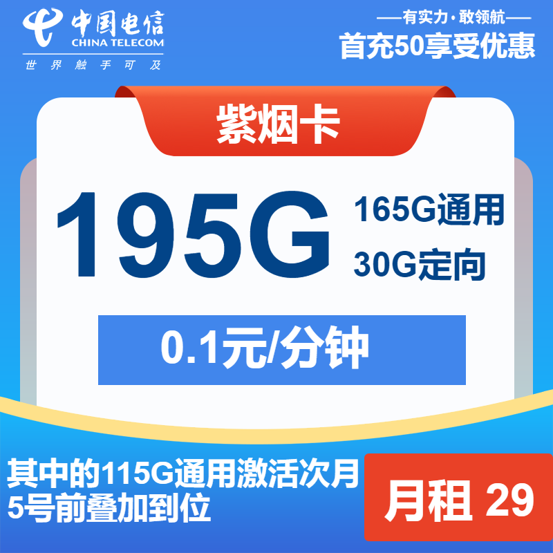 电信紫烟卡29元月租包165G通用+30G定向