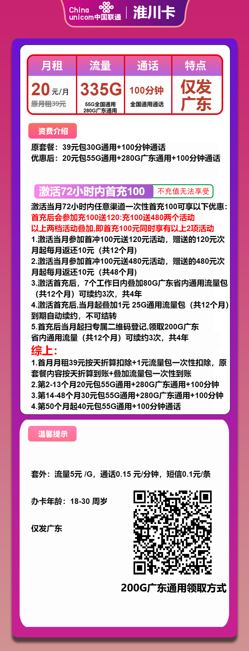 联通淮川卡20元月租包335G通用+100分钟通话