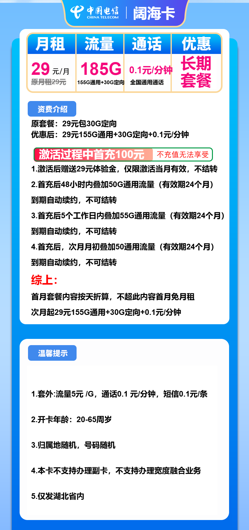 电信阔海卡29元月租包155G通用+30G定向