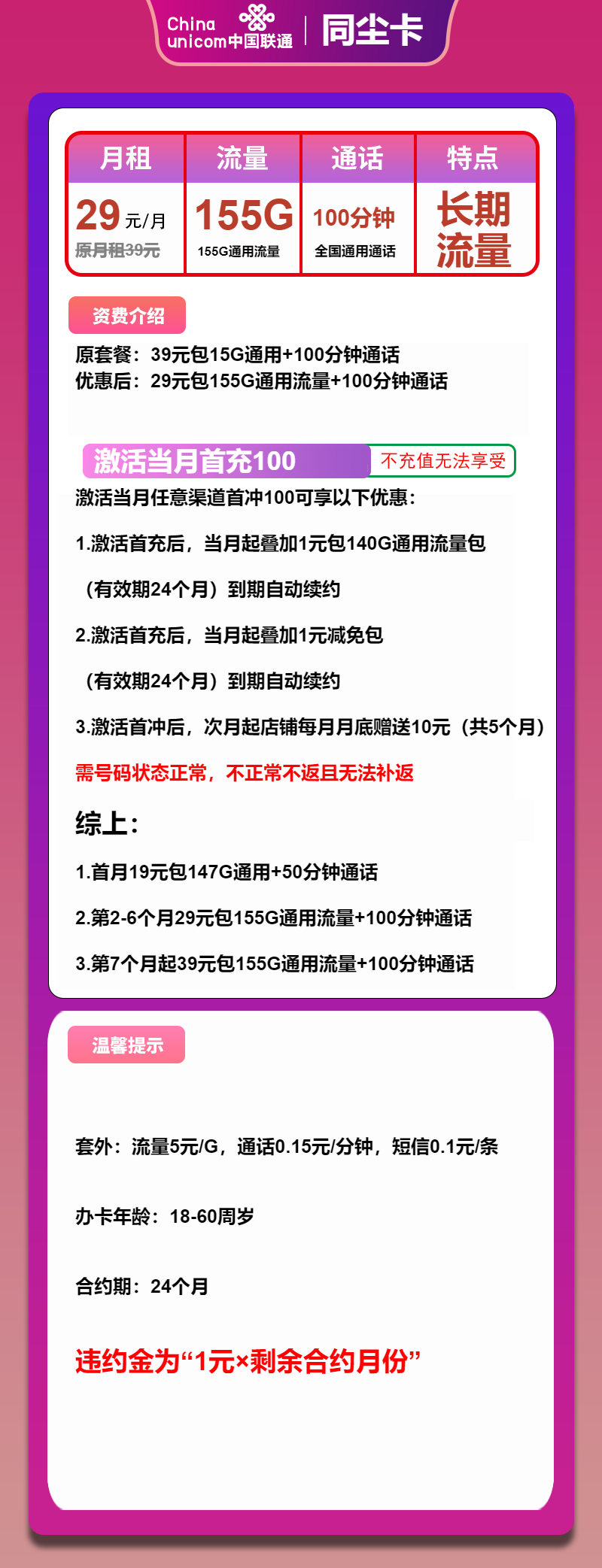 联通同尘卡29元月租包155G通用+100分钟通话