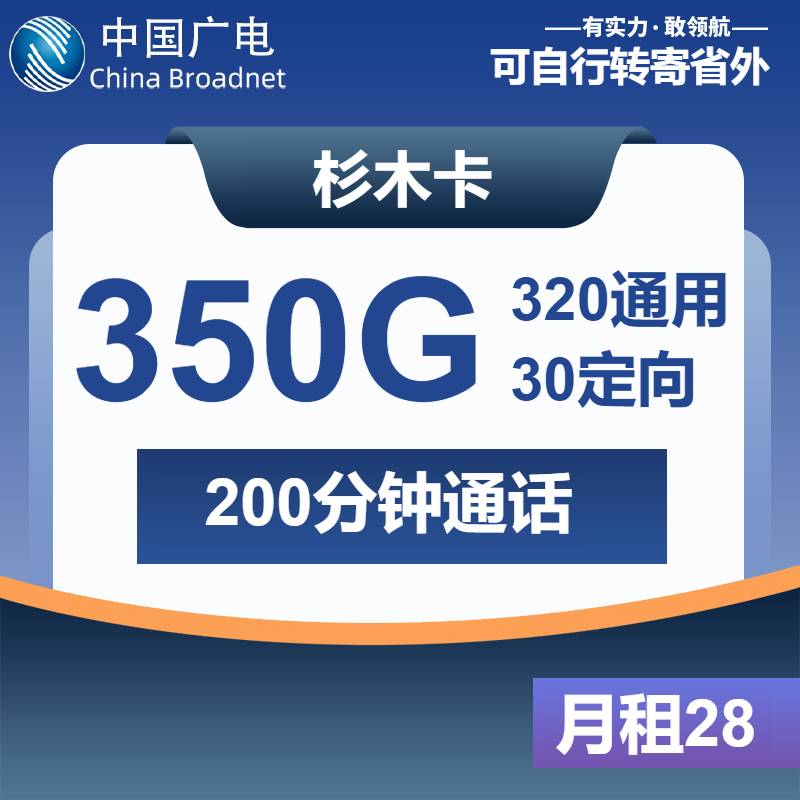 广电杉木卡28元月租包320G通用+30G定向+200分钟通话