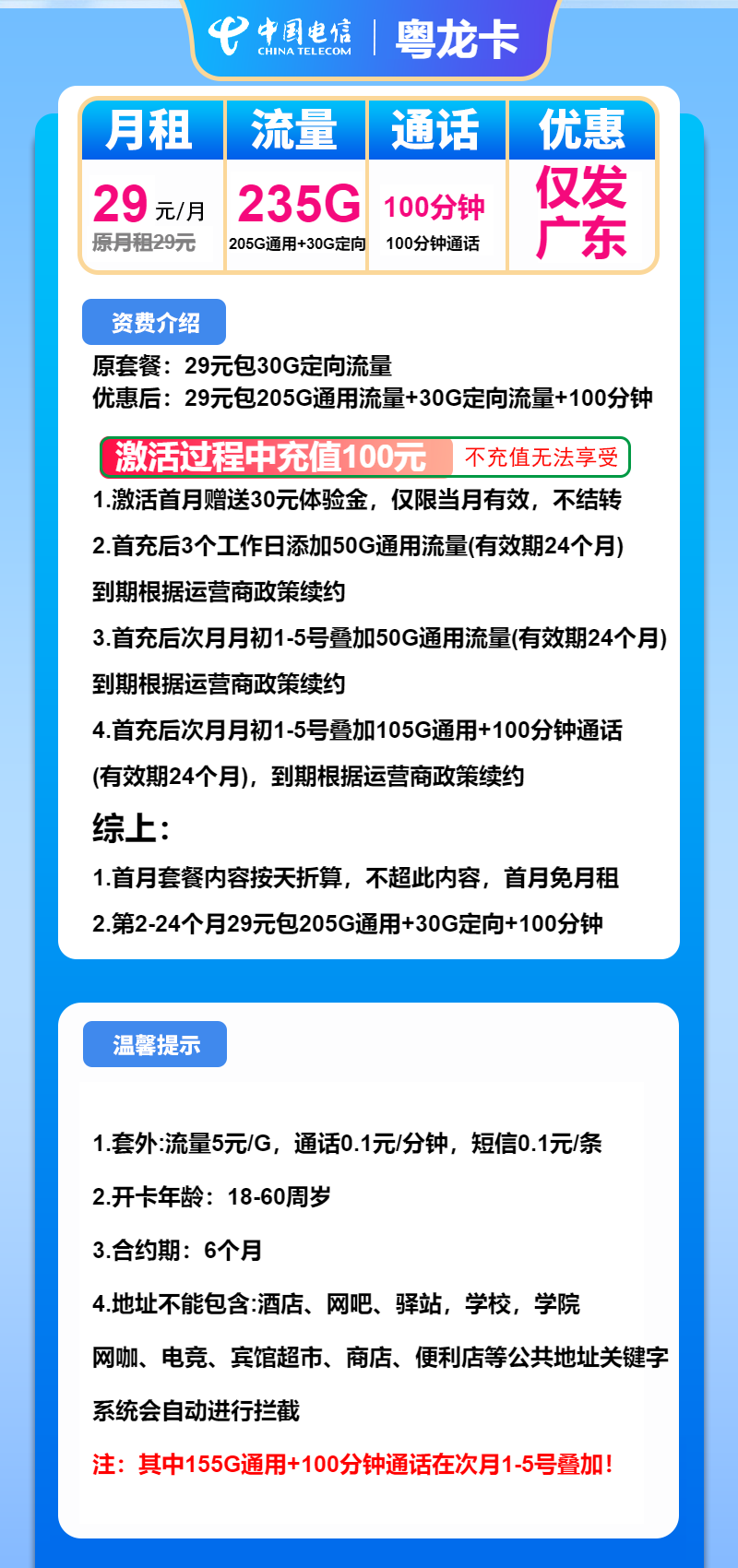 电信粤龙卡29元月租包205G通用+30G定向+100分钟通话