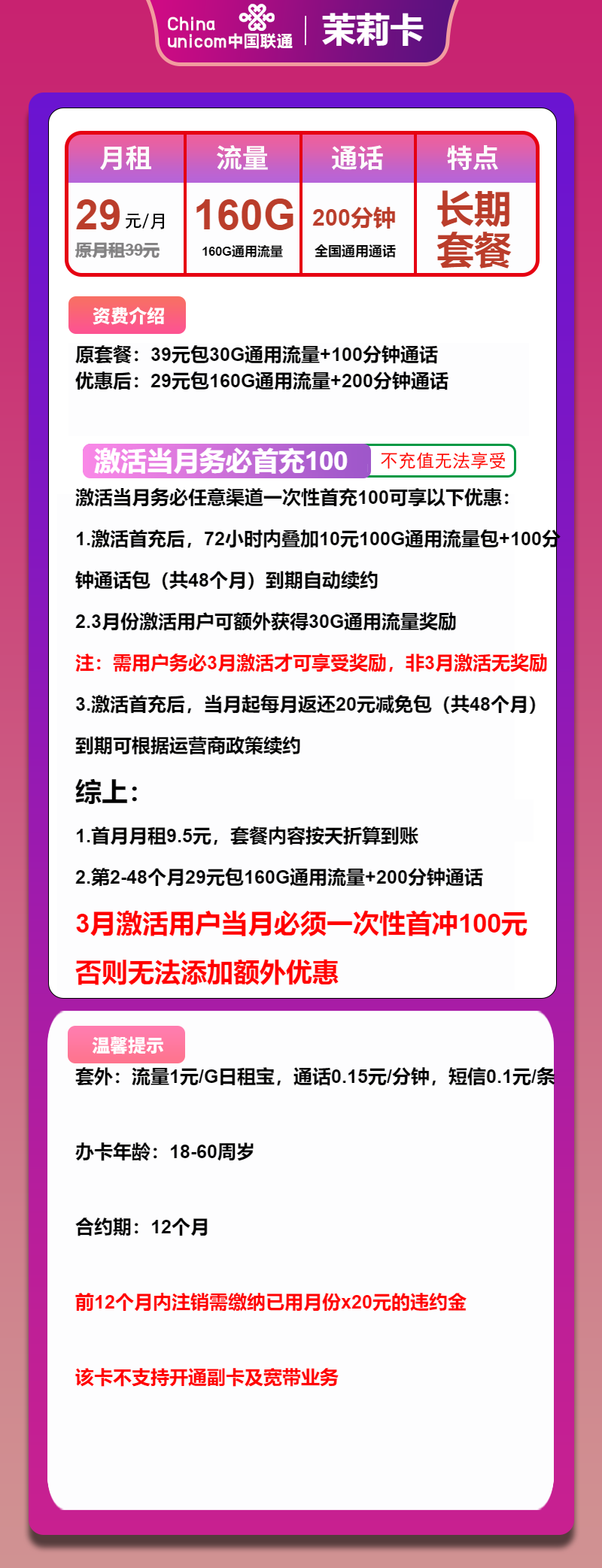 联通茉莉卡29元月租包160G通用+100分钟通话