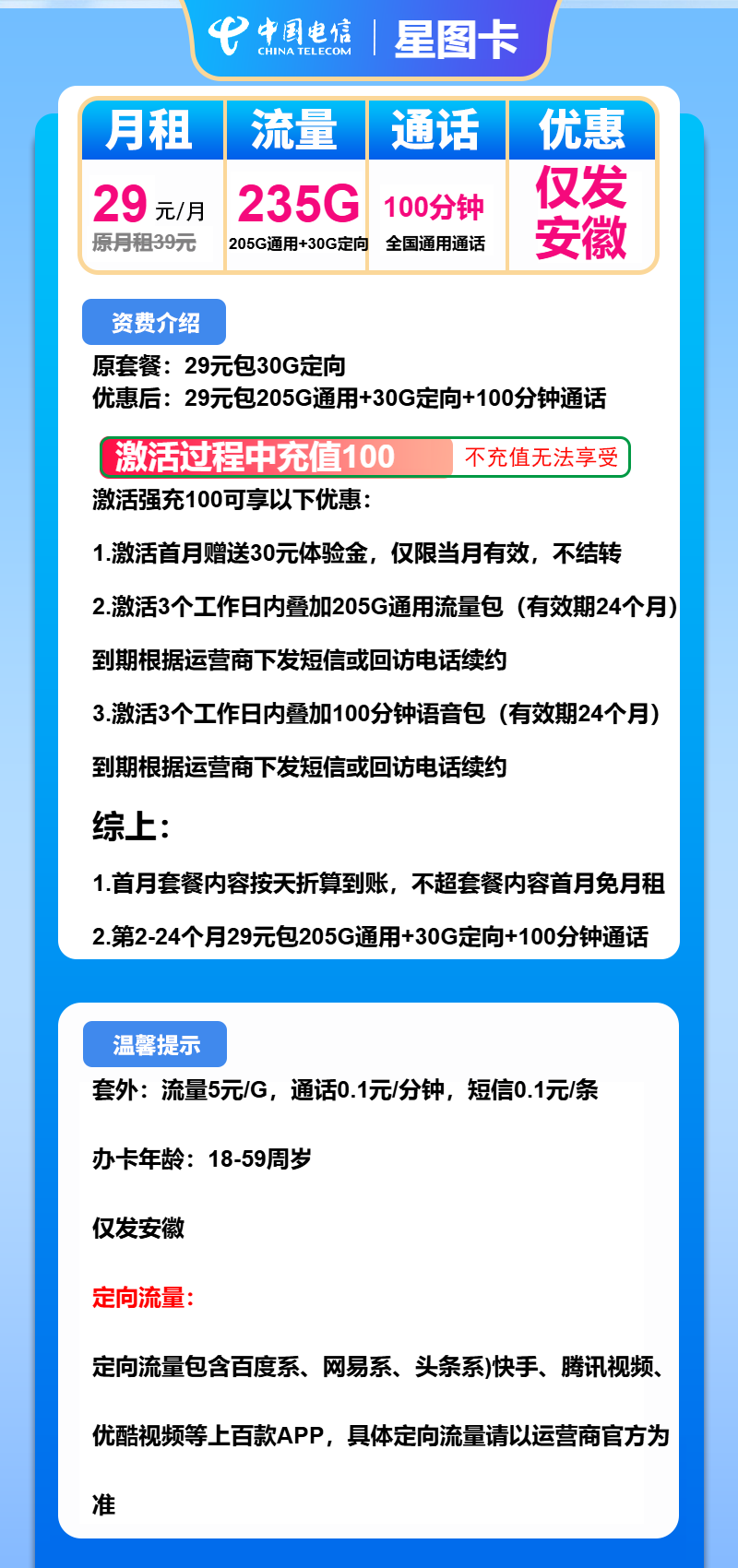 电信星图卡29元月租包205G通用+30G定向+100分钟通话
