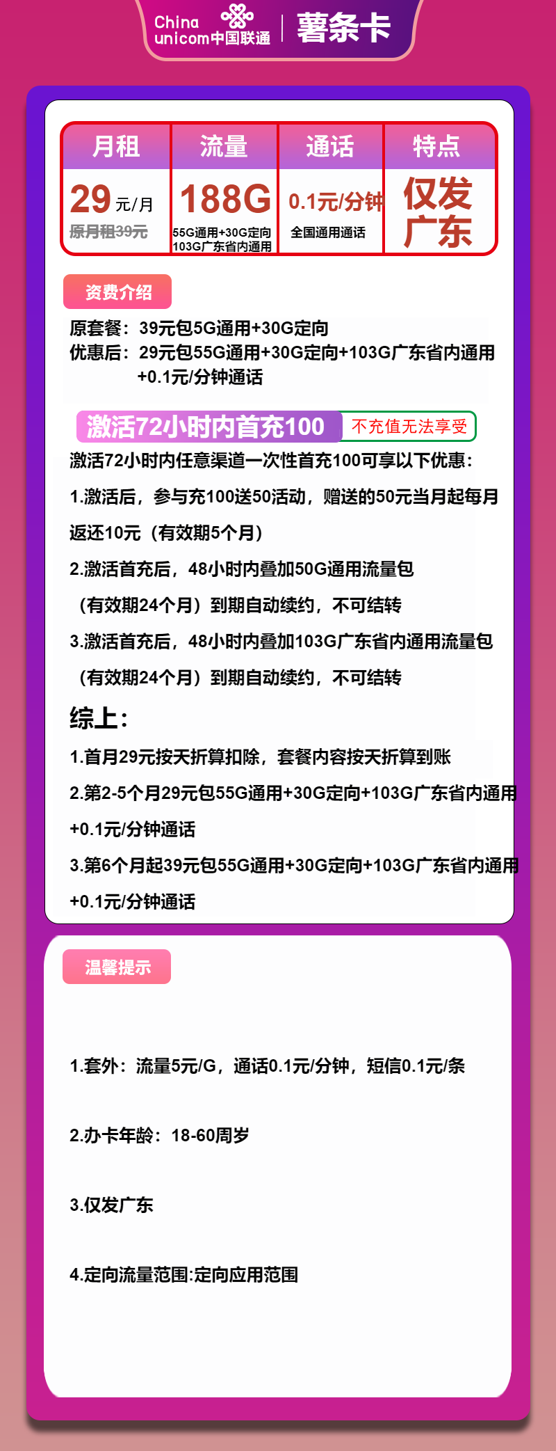 联通薯条卡29元月租包158G通用+30G定向