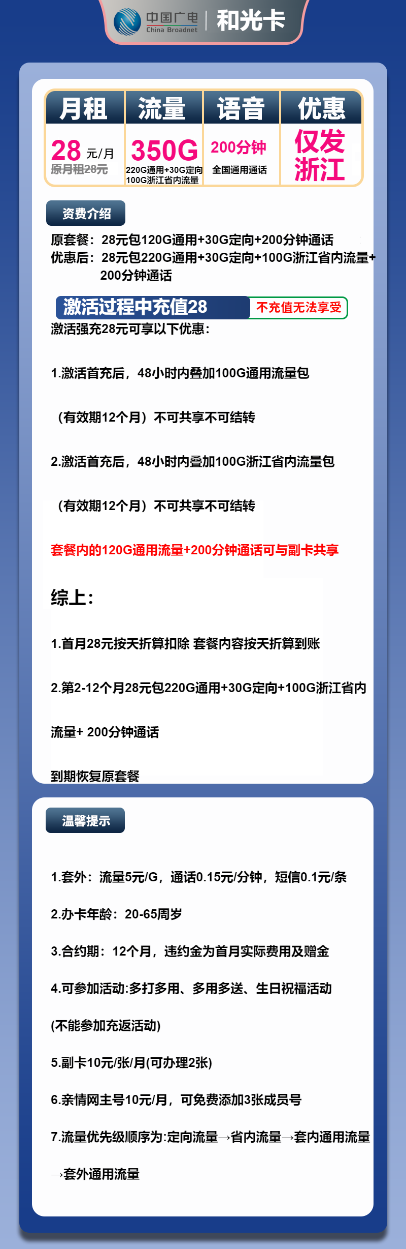 广电和光卡28元月租包320G通用+30G定向+200分钟通话