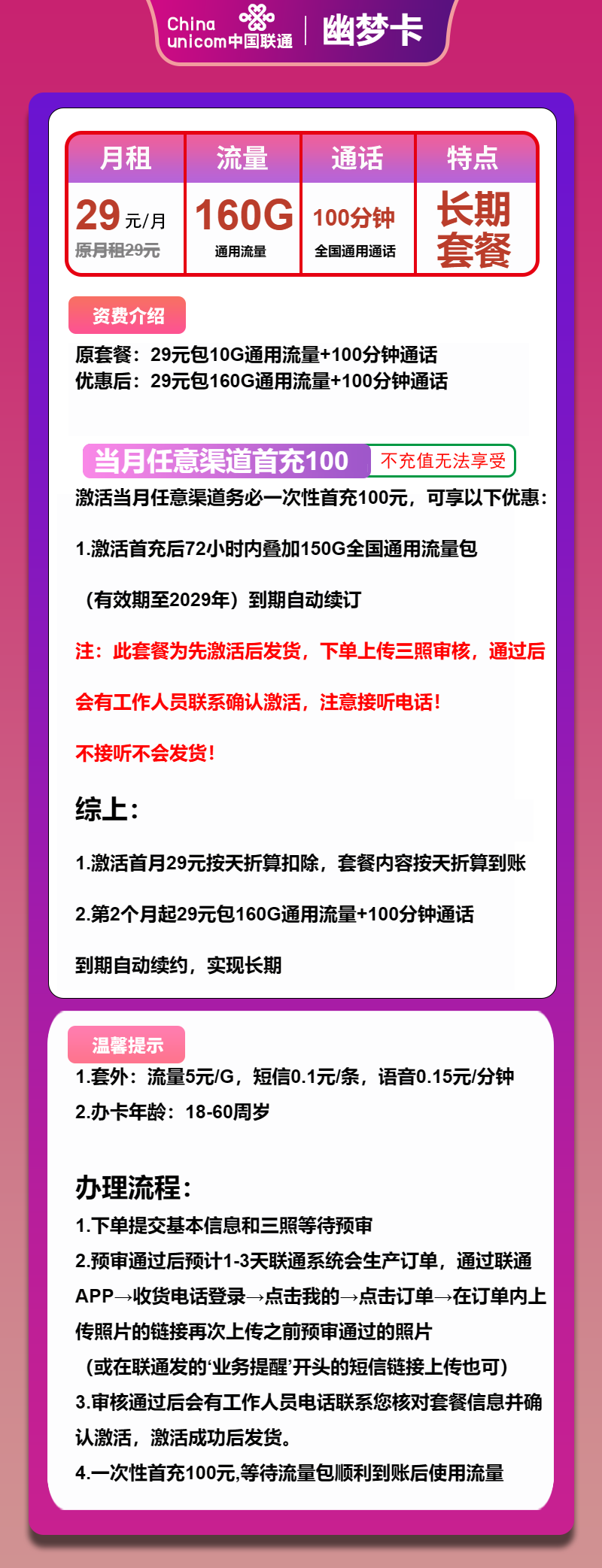 联通幽梦卡29元月租包160G通用+100分钟通话