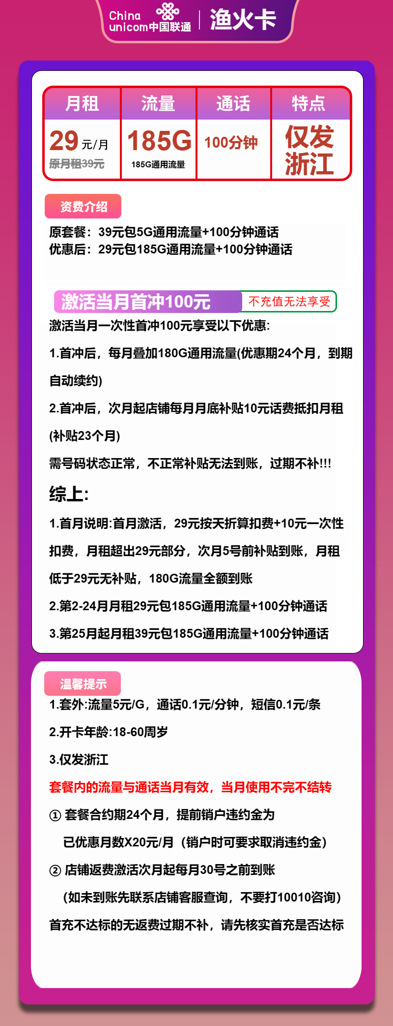 联通渔火卡29元月租包185G通用+100分钟通话