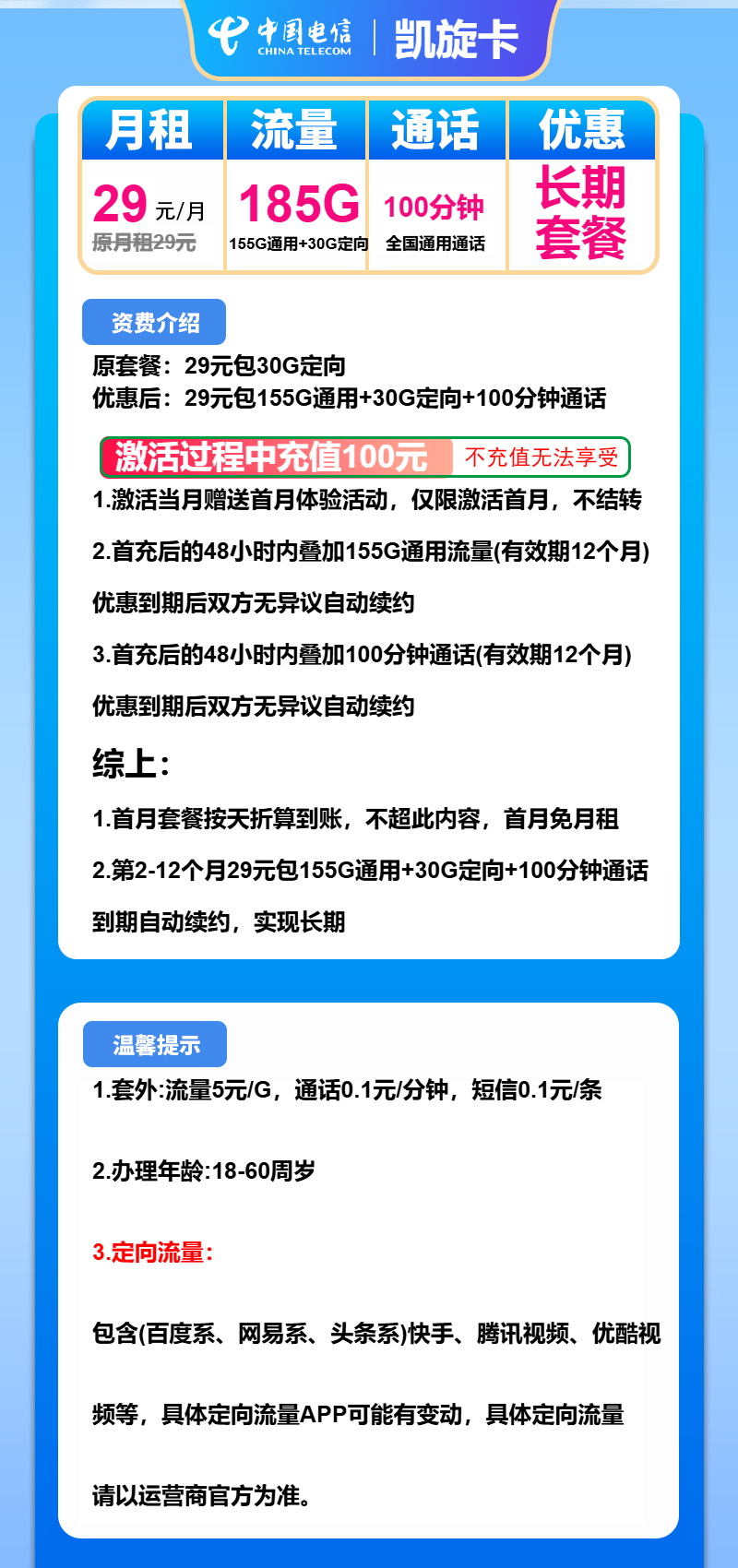 电信凯旋卡29元月租包155G通用+30G定向+100分钟通话