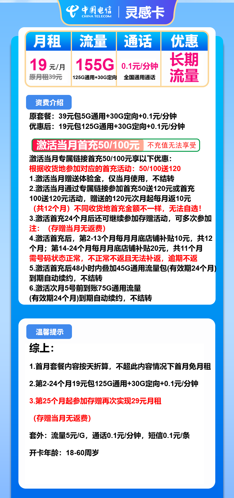电信灵感卡19元月包125G通用+30G定向+通话0.1元/分钟