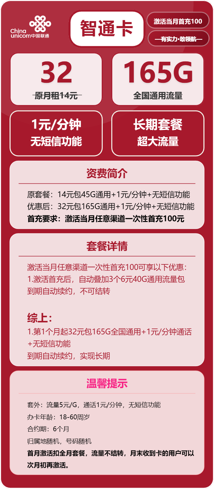 联通智通卡32元月租包165G通用+通话1元/分钟