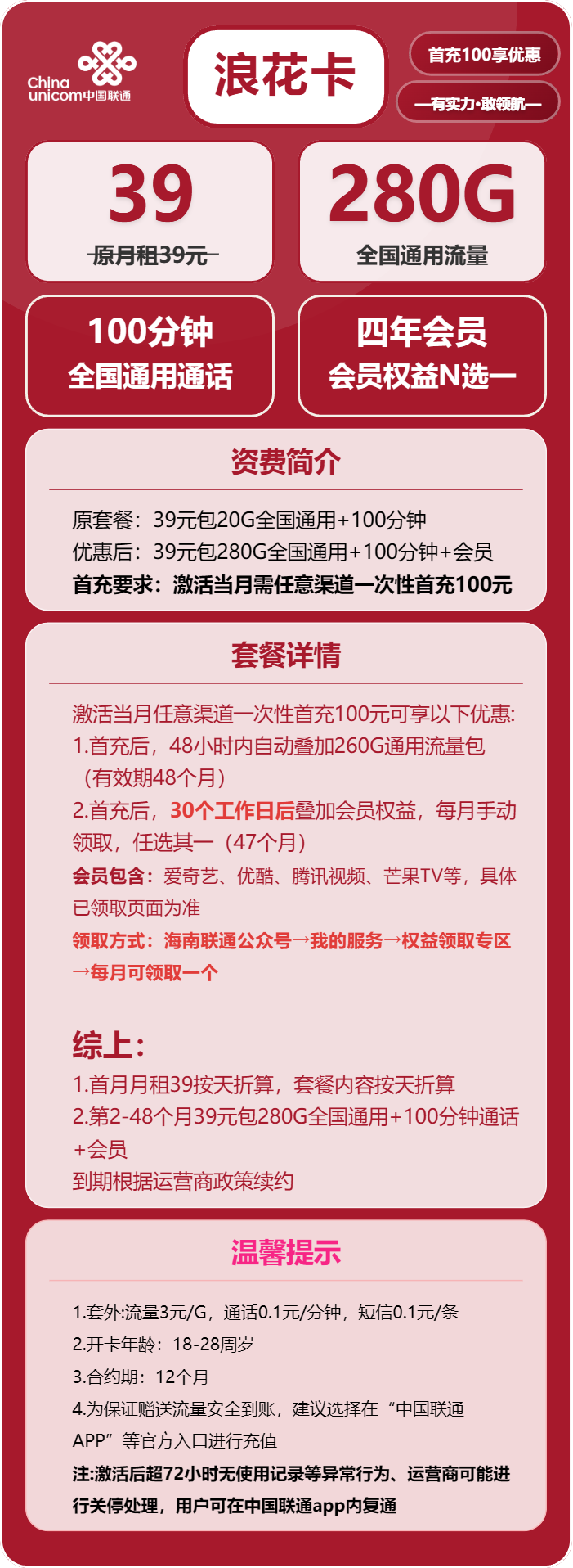 联通浪花卡39元月租包280G通用+100分钟通话+会员权益