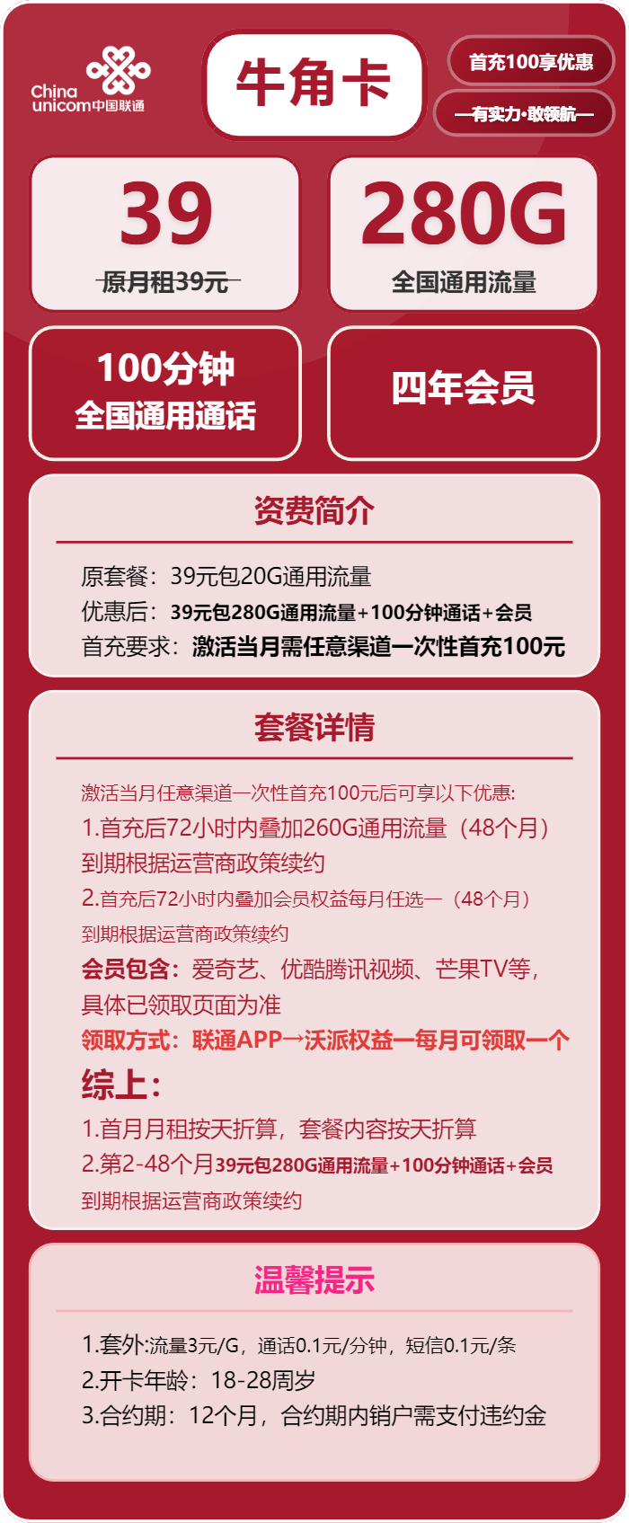 联通牛角卡39元月租包280G通用+100分钟通话+会员权益