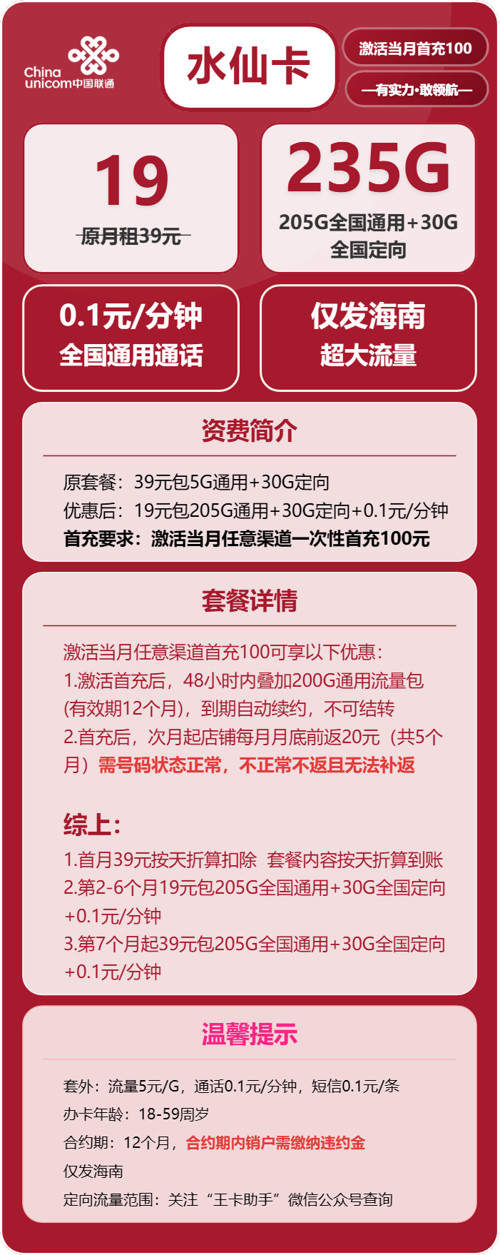 联通水仙卡19元月租包205G通用+30G定向+通话0.1元/分钟
