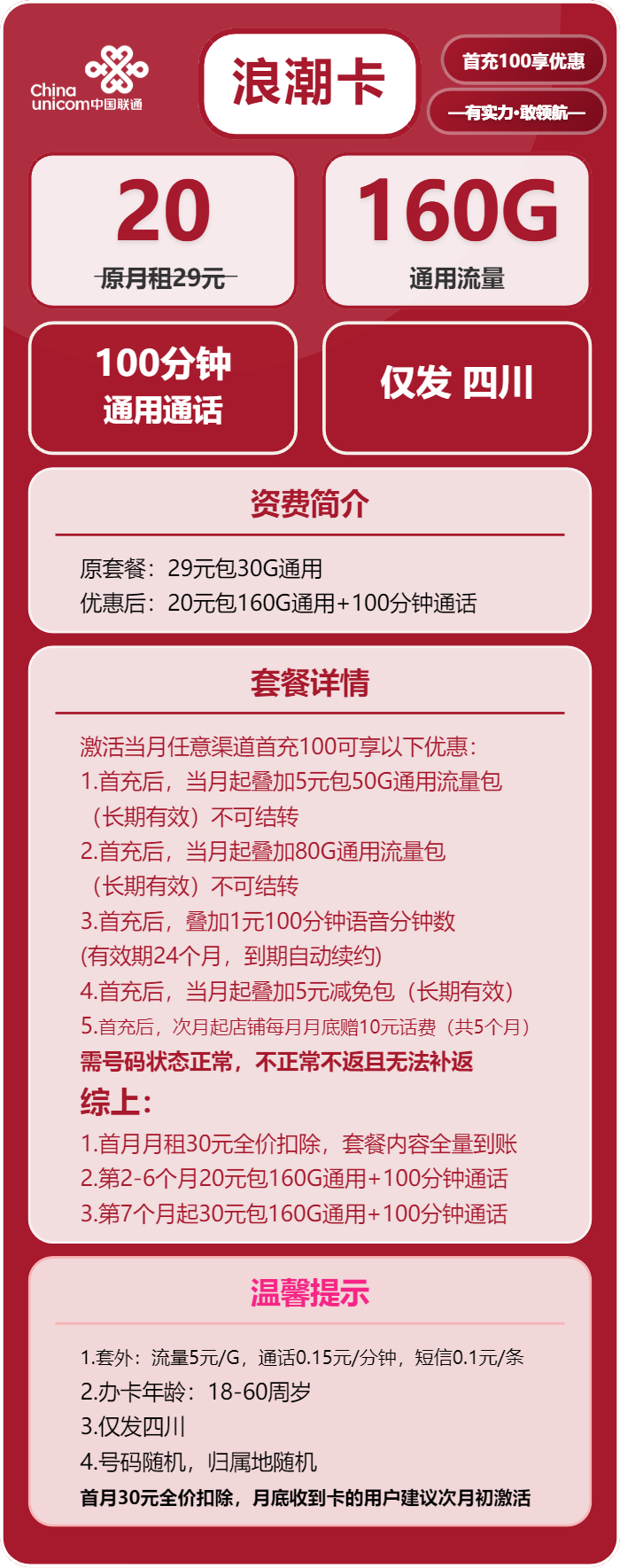 联通浪潮卡20元月租包160G通用+100分钟通话