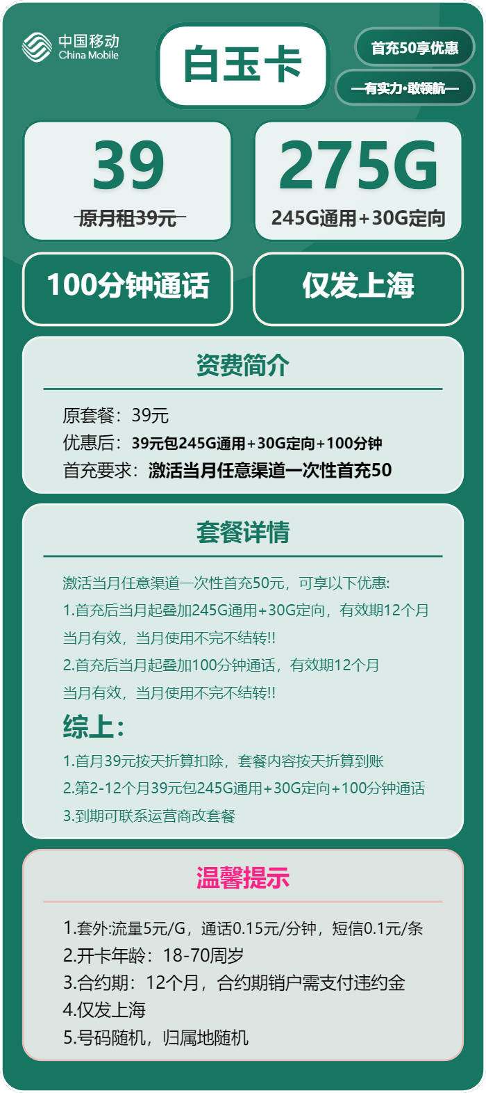 移动白玉卡39元月租包245G通用+30G定向+100分钟通话