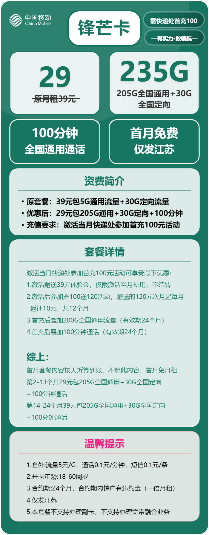 移动锋芒卡29元月租包205G通用+30G定向+100分钟通话