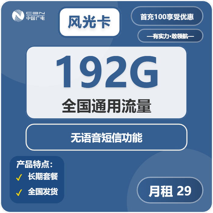 广电风光卡29元月租包192G通用+无语音功能
