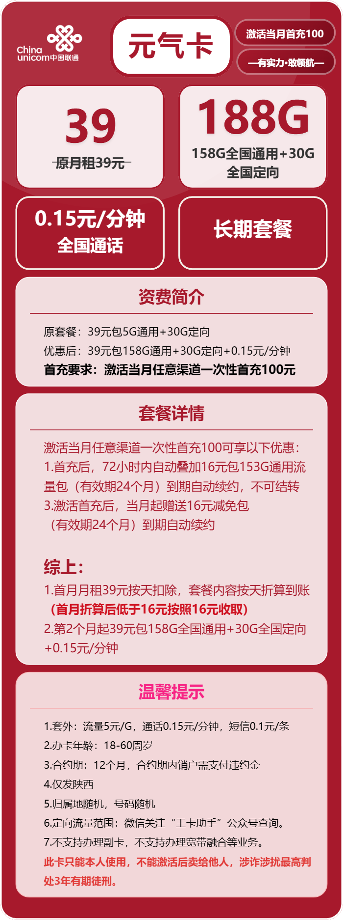 联通元气卡39元月租包158G通用+30G定向+通话0.15元/分钟