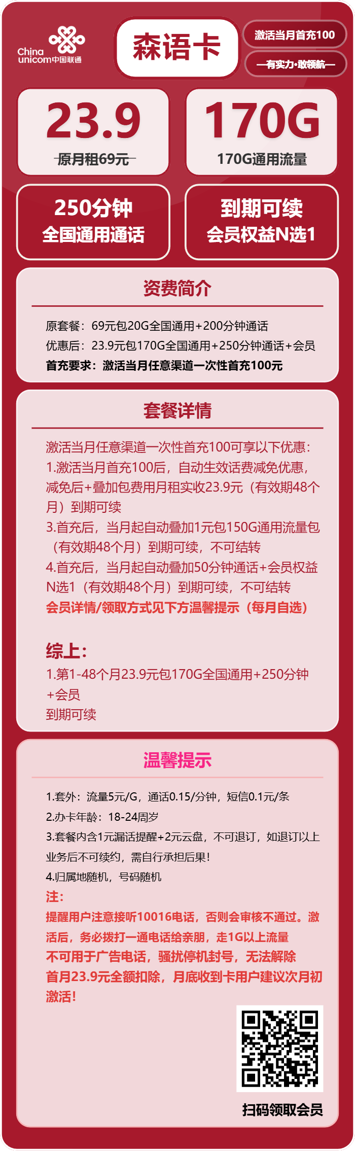 联通森语卡23.9元月租包170G通用+250分钟通话+会员权益