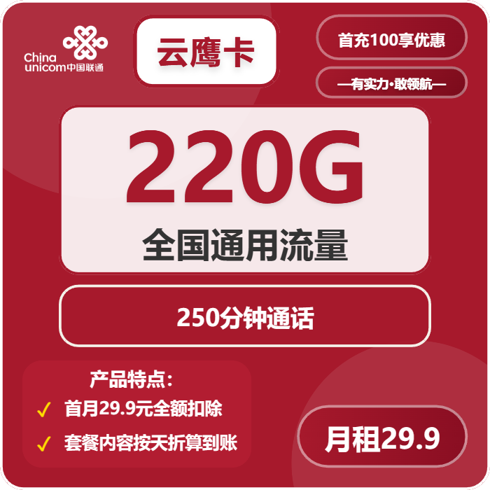 联通云鹰卡29.9元月租包220G通用+250分钟通话+会员权益