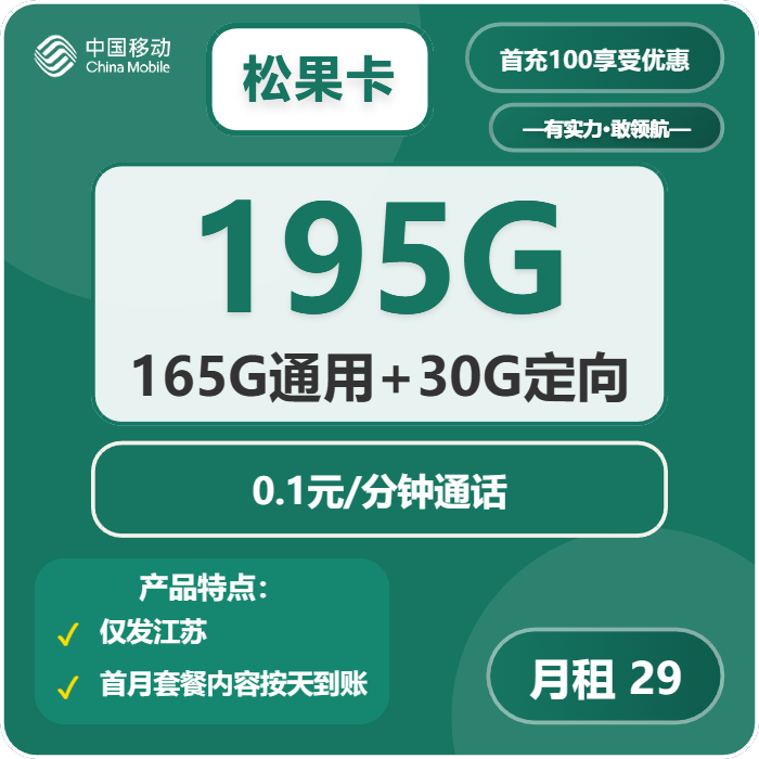 移动松果卡29元月租包165G通用+30G定向+通话0.1元/分钟