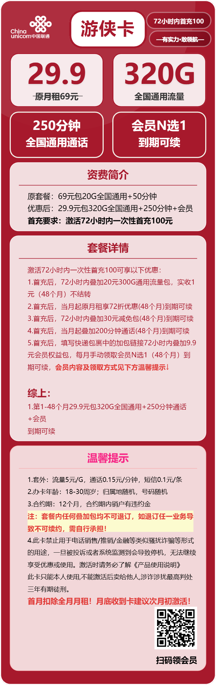 联通游侠卡29.9元月租包320G通用+250分钟通话+会员权益