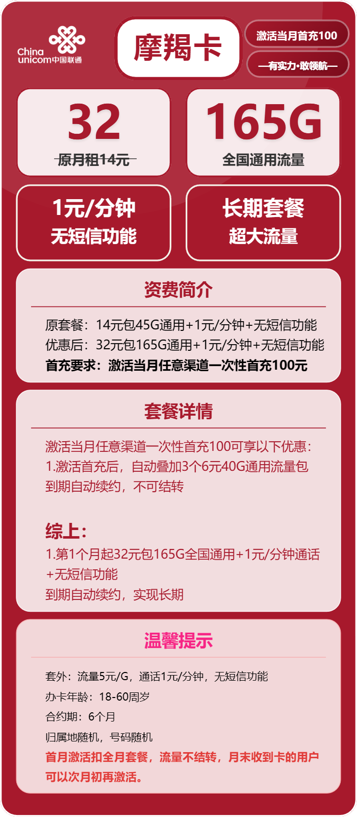 联通摩羯卡32元月租包165G通用+通话1元/分钟