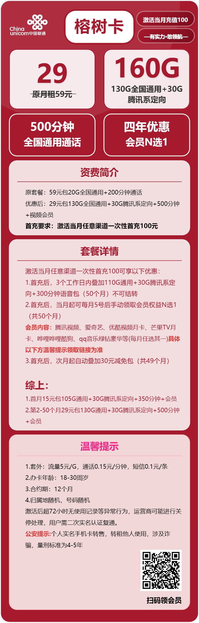 联通榕树卡29元月租包130G通用+30G定向+500分钟通话+会员