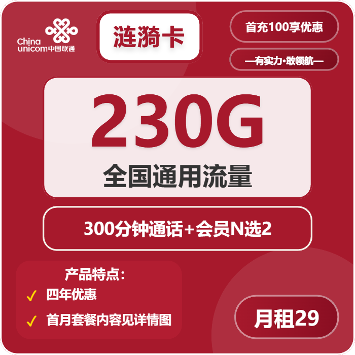 联通涟漪卡29元月租包230G通用+300分钟通话+双会员权益