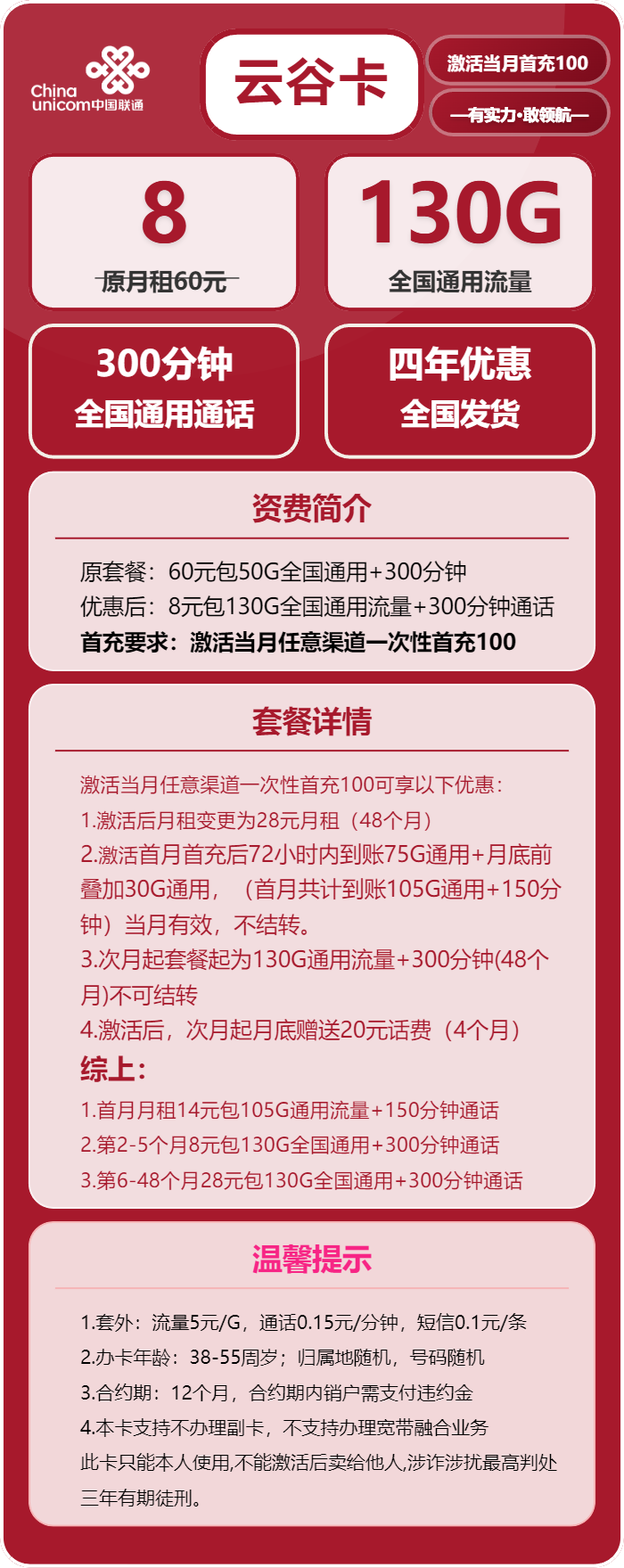 联通云谷卡8元月租包130G通用+300分钟通话