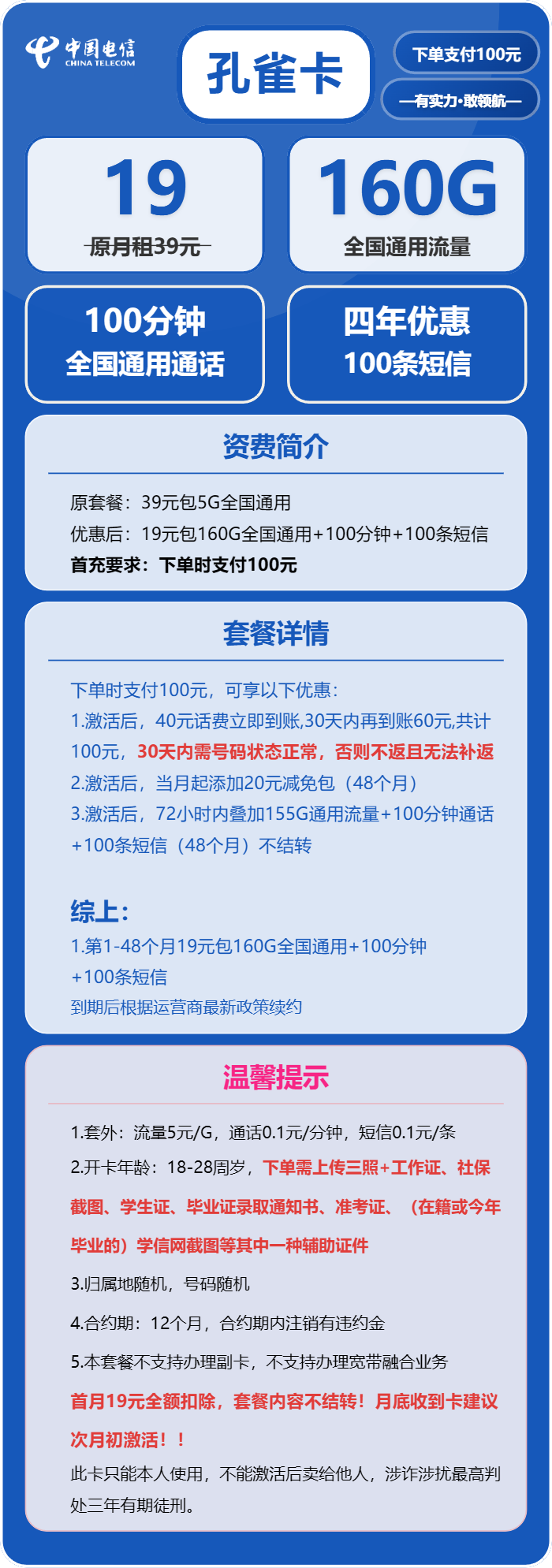 电信孔雀卡19元月租包160G通用+100分钟通话+100条短信