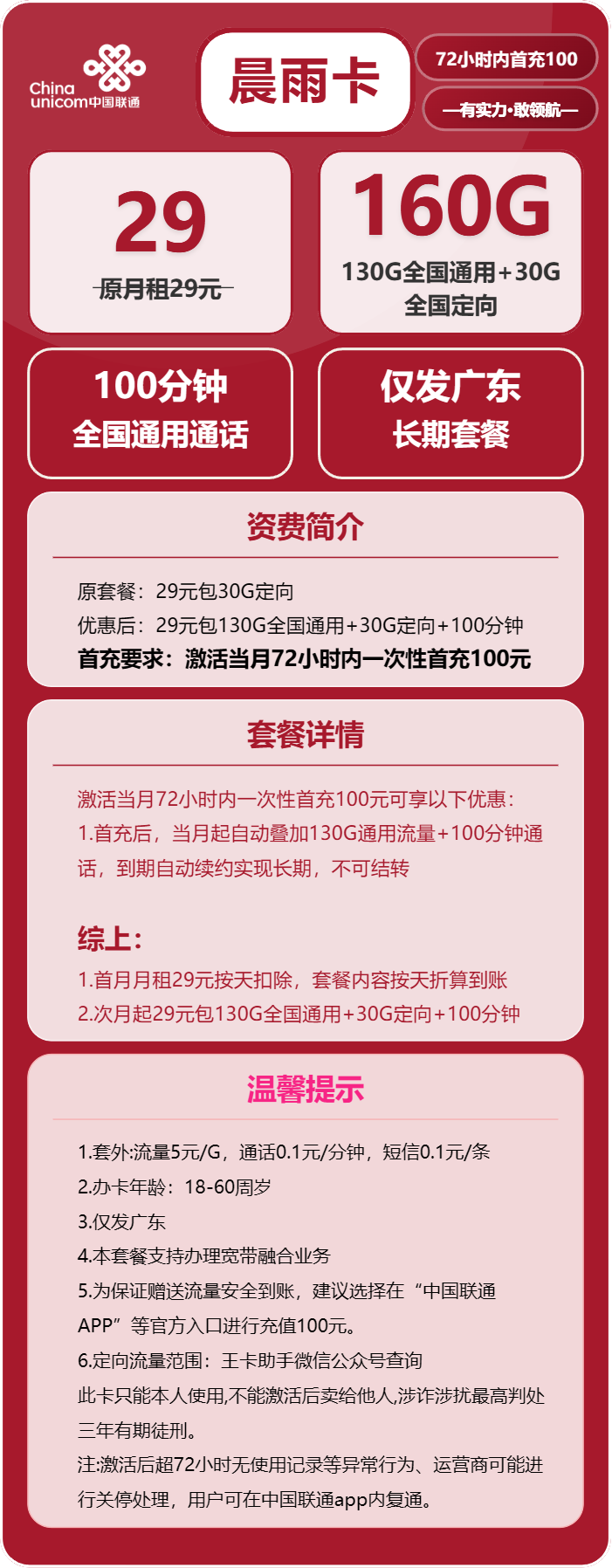 联通晨雨卡29元月租包130G通用+30G定向+100分钟通话