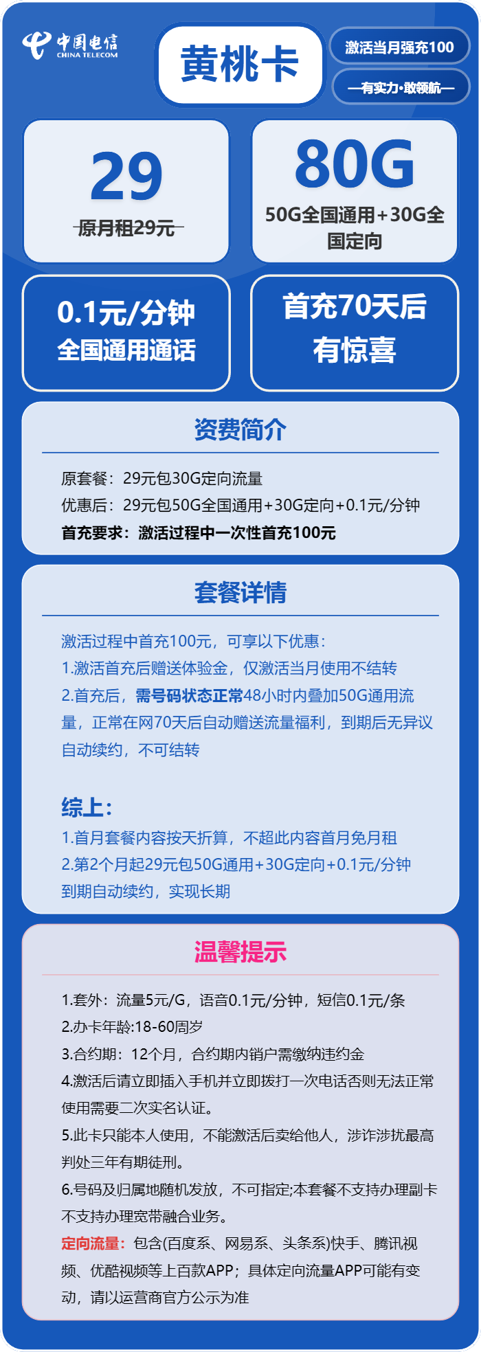 电信黄桃卡29元月租包50G通用+30G定向+通话0.1元/分钟