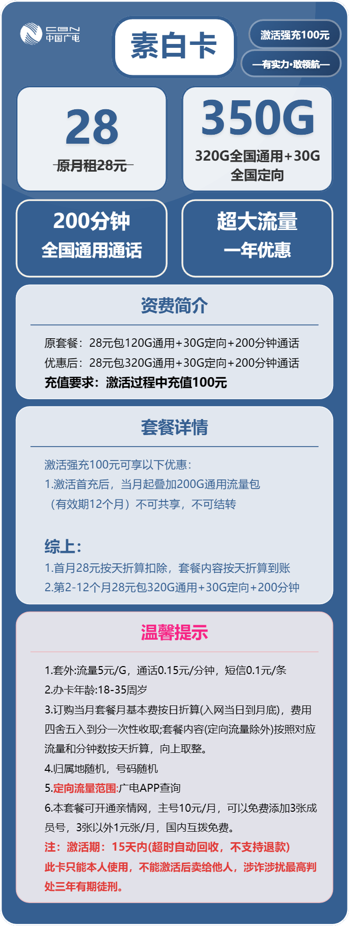 广电素白卡28元月租包320G通用+30G定向+200分钟通话